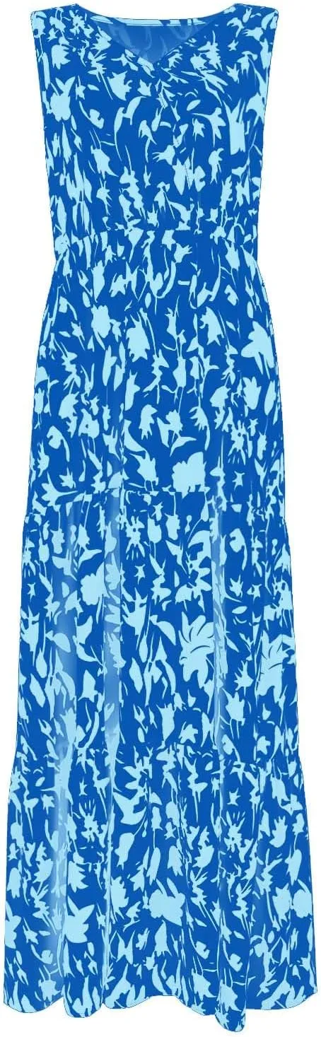 BAXLIMEK Maxi Dresses for Women,2025 Spring Summer Trendy Floral Print V Neck Sleeveless Boho Dress,Flowy Ruched Sundress