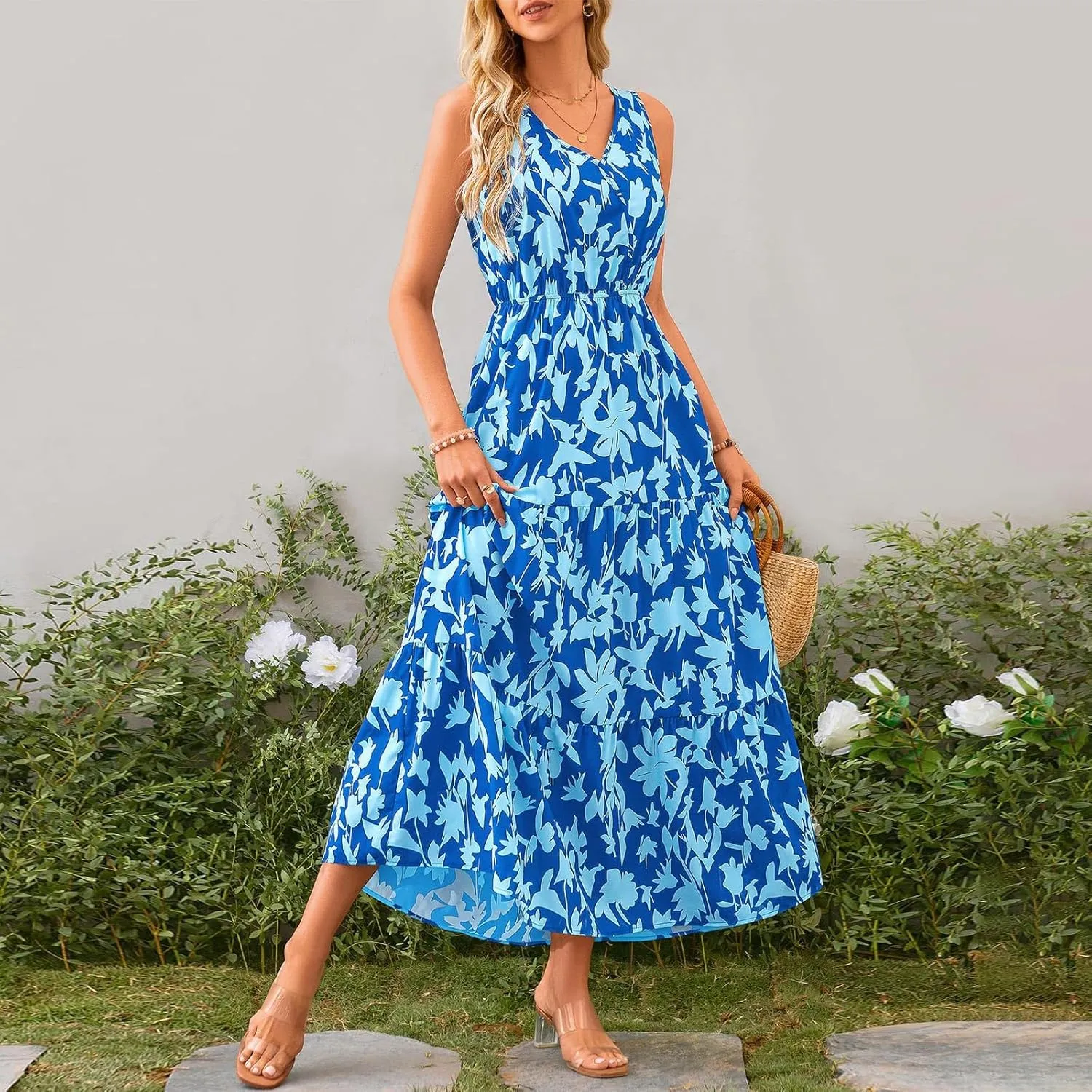 BAXLIMEK Maxi Dresses for Women,2025 Spring Summer Trendy Floral Print V Neck Sleeveless Boho Dress,Flowy Ruched Sundress