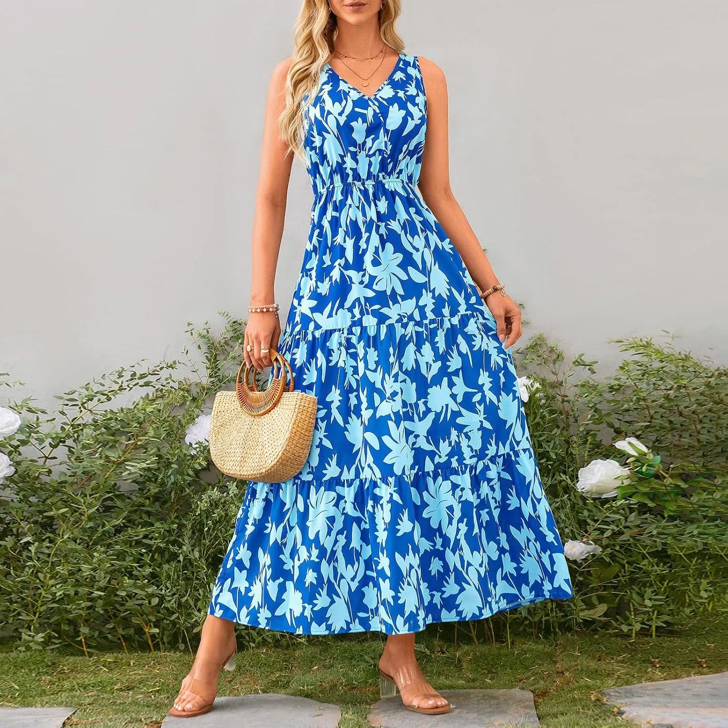 BAXLIMEK Maxi Dresses for Women,2025 Spring Summer Trendy Floral Print V Neck Sleeveless Boho Dress,Flowy Ruched Sundress