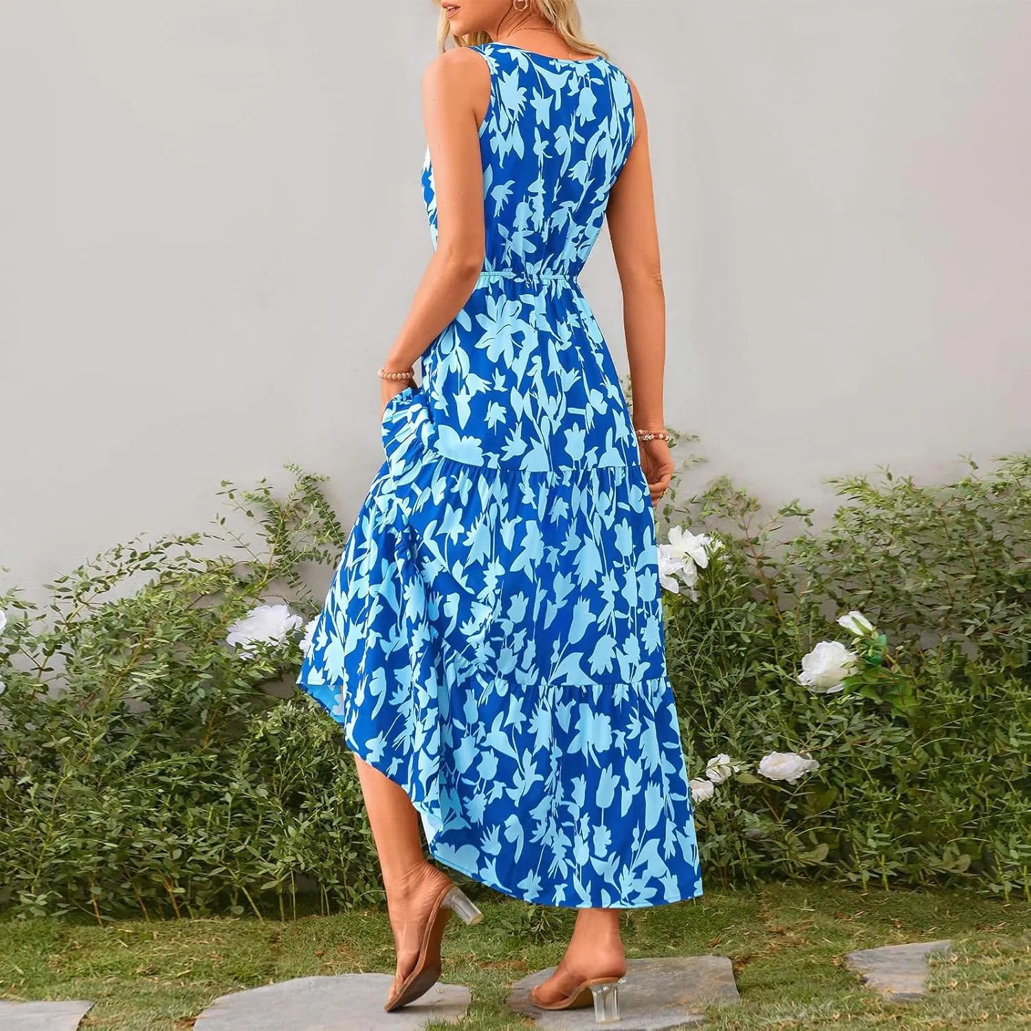 BAXLIMEK Maxi Dresses for Women,2025 Spring Summer Trendy Floral Print V Neck Sleeveless Boho Dress,Flowy Ruched Sundress