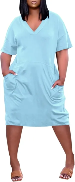 BAXLIMEK Plus Size Dresses for Curvy Women,2025 Spring Summer Casual Loose V Neck Short Sleeve T Shirt Midi Dress with Pocket
