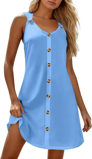 BAXLIMEK Sundresses for Women,2025 Spring Summer Casual Loose V Neck Sleeveless Mini Dress,Button Flowy A Line Beach Dress