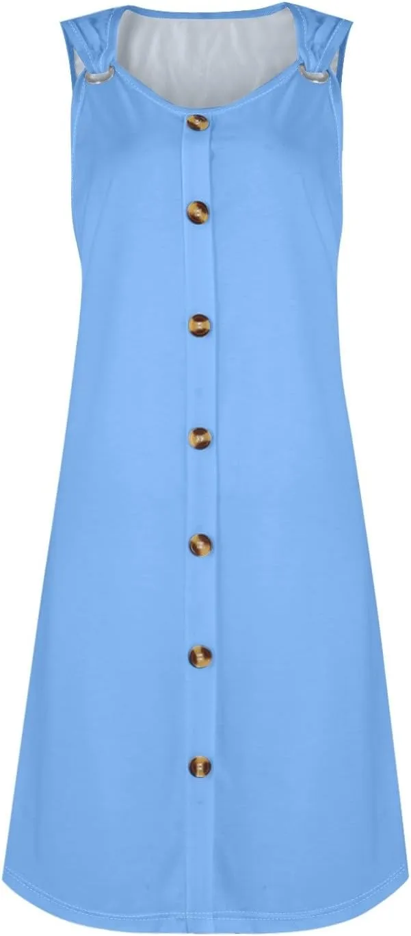 BAXLIMEK Sundresses for Women,2025 Spring Summer Casual Loose V Neck Sleeveless Mini Dress,Button Flowy A Line Beach Dress