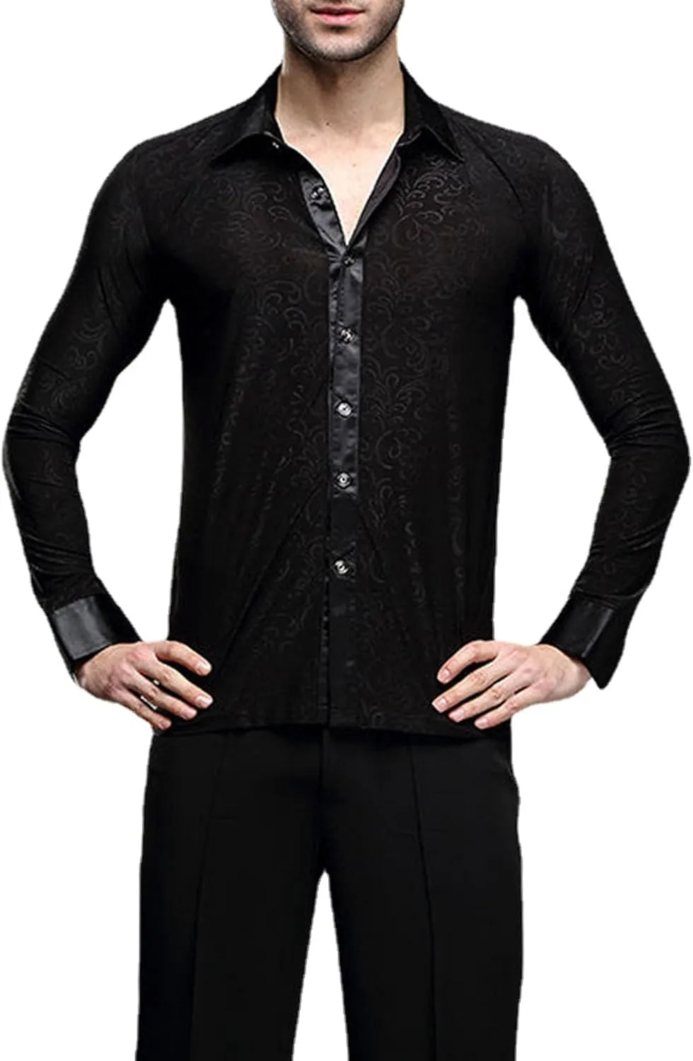 Black Dress Shirt for Men Wrinkle Free Mens Button Down Shirts Long Sleeve for Ballroom Latin Tango Dance