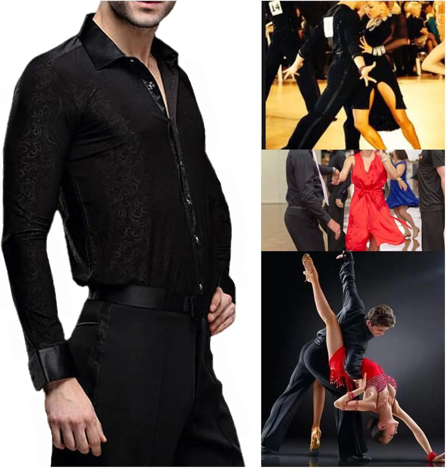 Black Dress Shirt for Men Wrinkle Free Mens Button Down Shirts Long Sleeve for Ballroom Latin Tango Dance