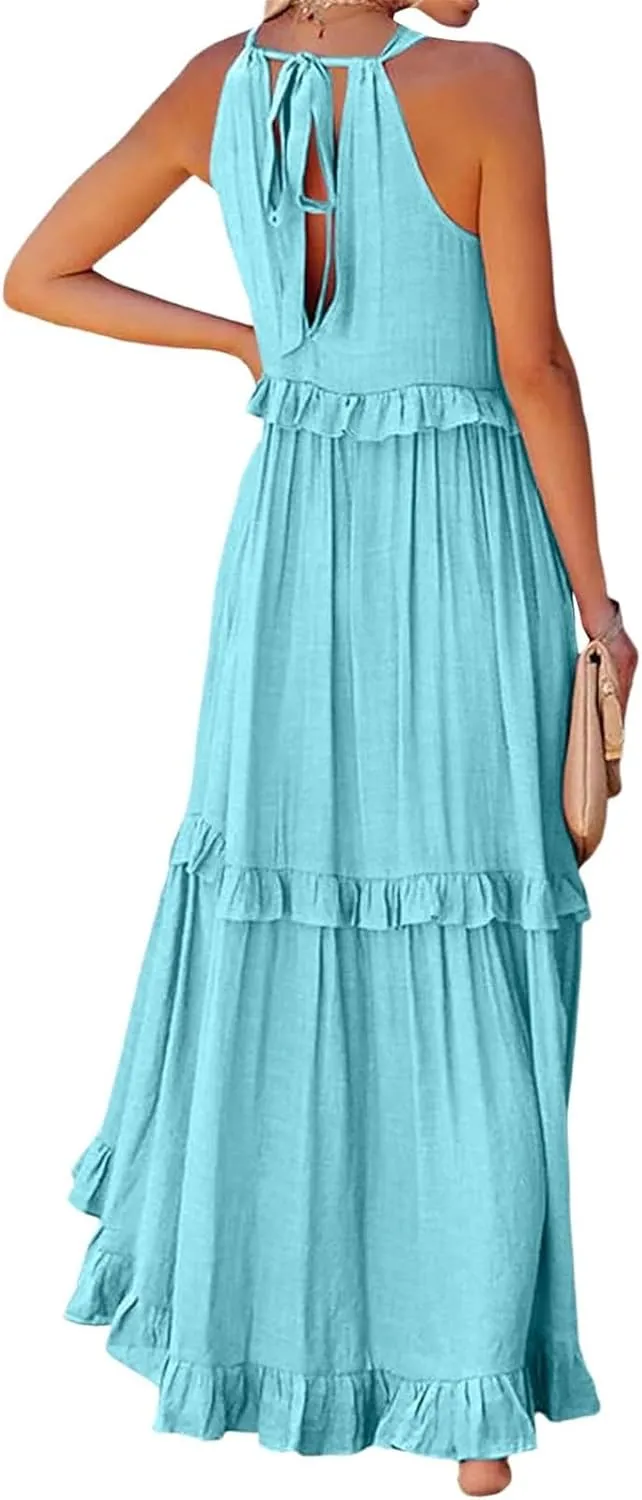 Boho Dresses for Women,2025 Summer Flowy Ruffle Tiered Swing Smocked Beach Sundress,Sleeveless Halter Maxi Dress
