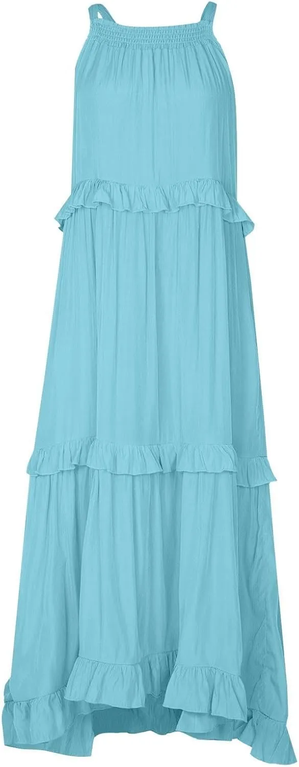 Boho Dresses for Women,2025 Summer Flowy Ruffle Tiered Swing Smocked Beach Sundress,Sleeveless Halter Maxi Dress