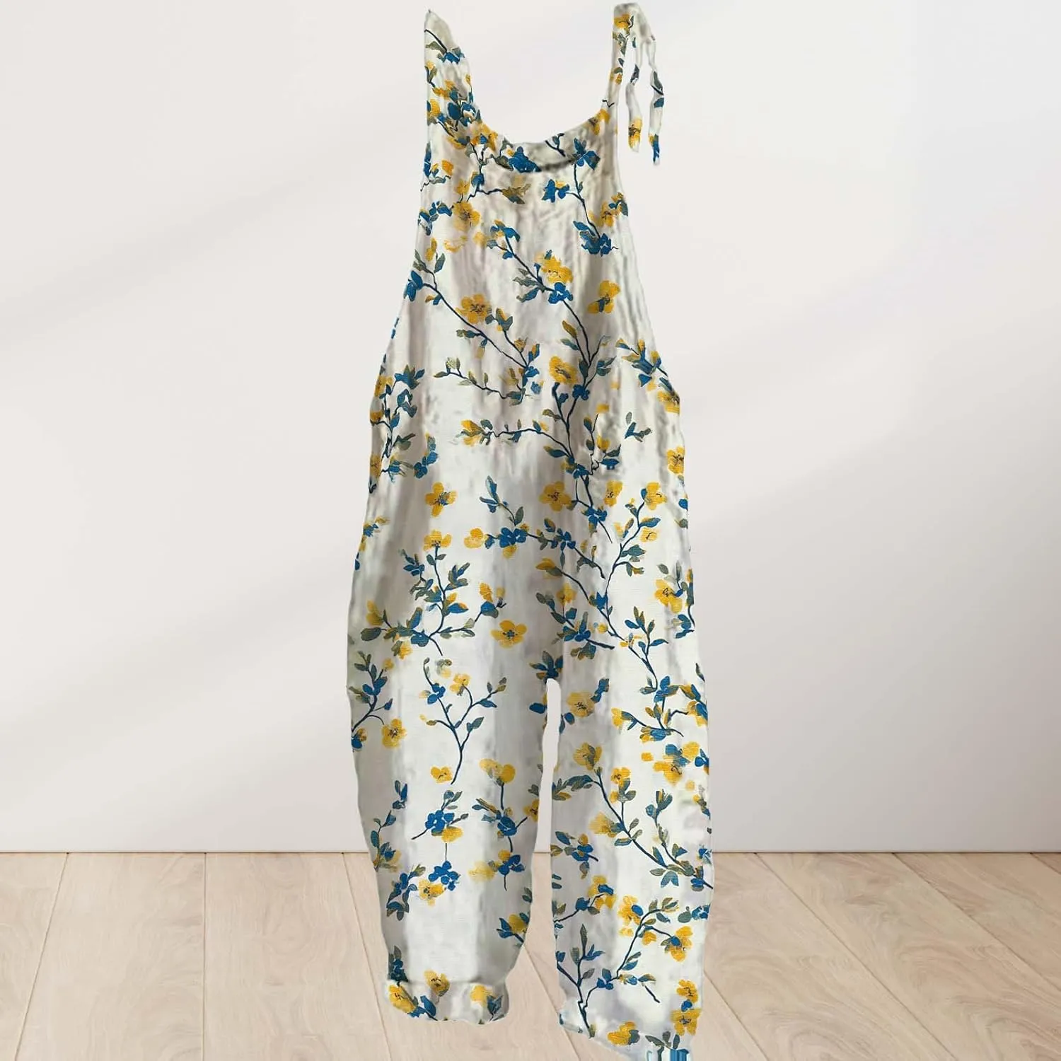 Boho Jumpsuits For Women Cotton Linen Rompers Floral Printed Wide Leg Overall Halter Baggy Comfy Beach Jumpsuit