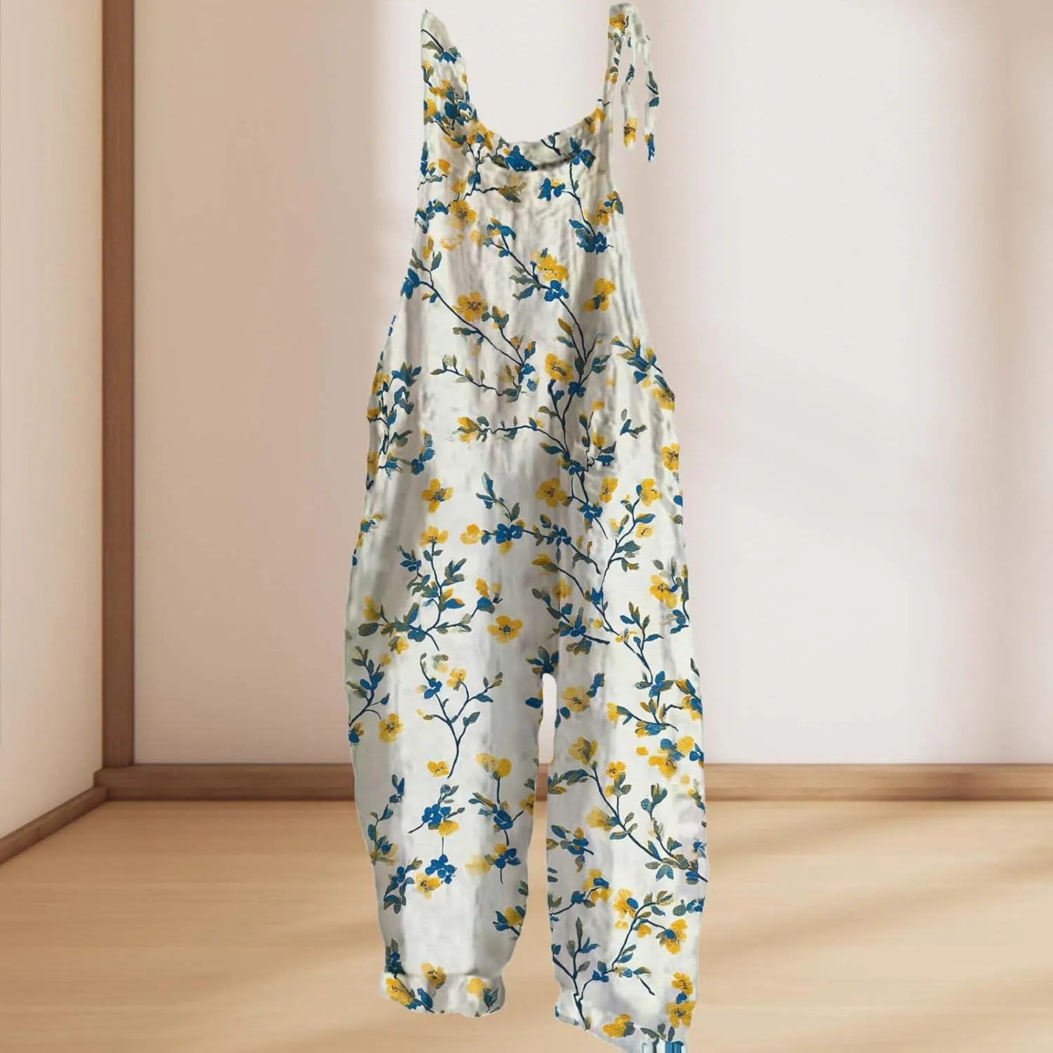 Boho Jumpsuits For Women Cotton Linen Rompers Floral Printed Wide Leg Overall Halter Baggy Comfy Beach Jumpsuit