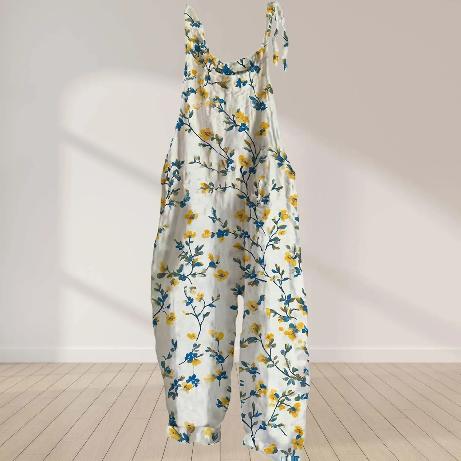 Boho Jumpsuits For Women Cotton Linen Rompers Floral Printed Wide Leg Overall Halter Baggy Comfy Beach Jumpsuit