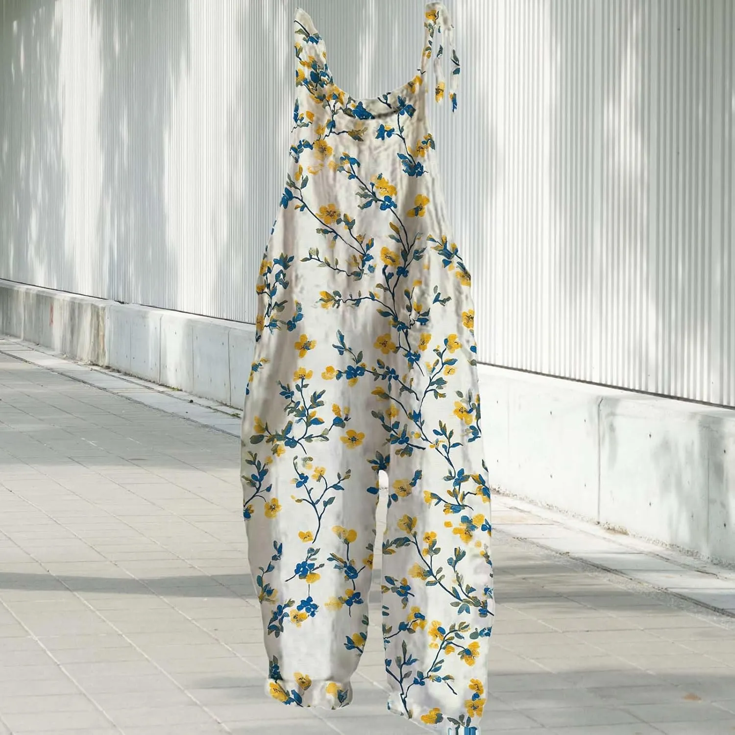 Boho Jumpsuits For Women Cotton Linen Rompers Floral Printed Wide Leg Overall Halter Baggy Comfy Beach Jumpsuit