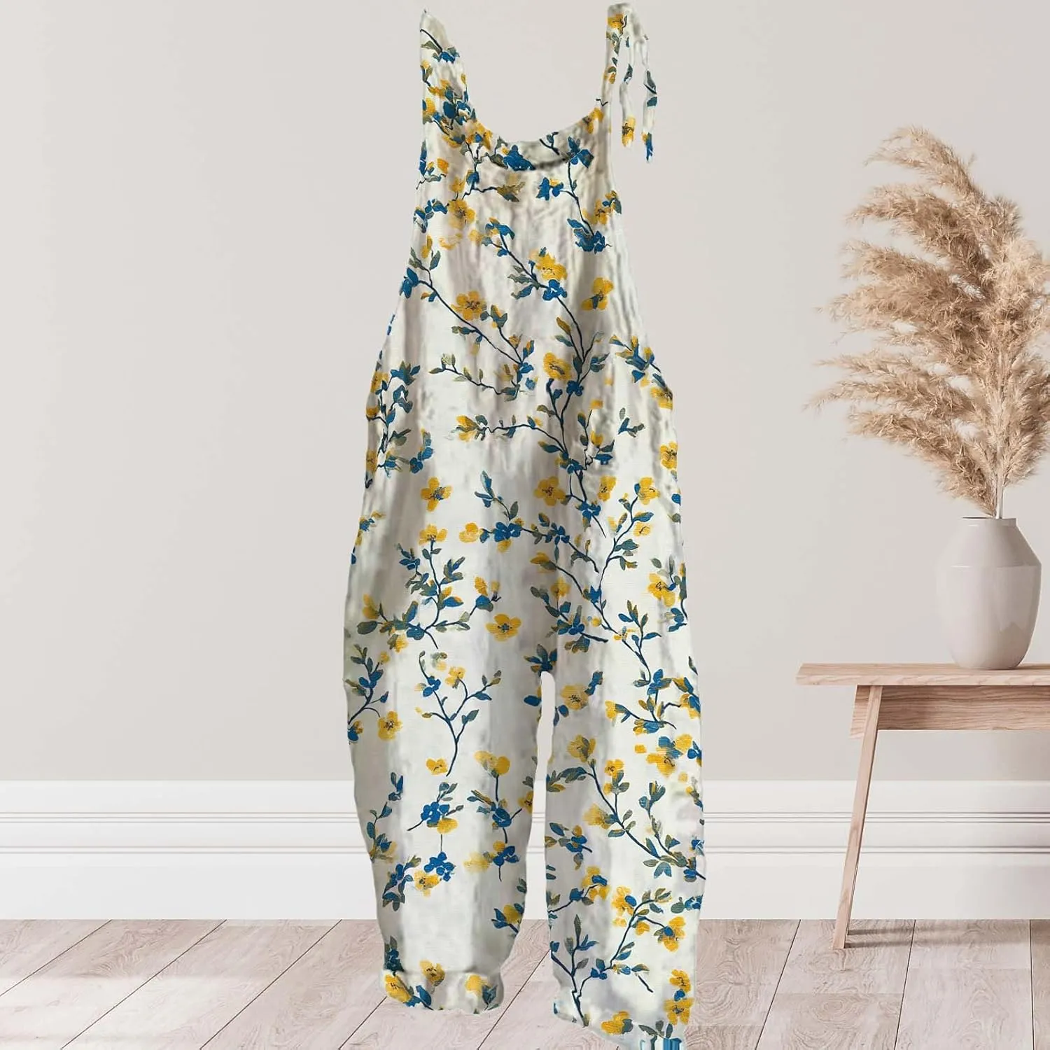 Boho Jumpsuits For Women Cotton Linen Rompers Floral Printed Wide Leg Overall Halter Baggy Comfy Beach Jumpsuit