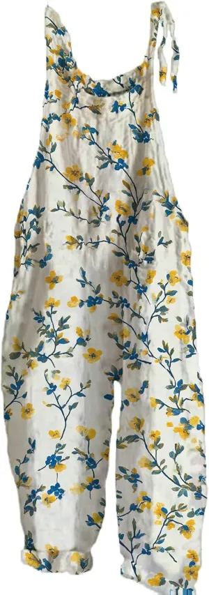 Boho Jumpsuits For Women Cotton Linen Rompers Floral Printed Wide Leg Overall Halter Baggy Comfy Beach Jumpsuit