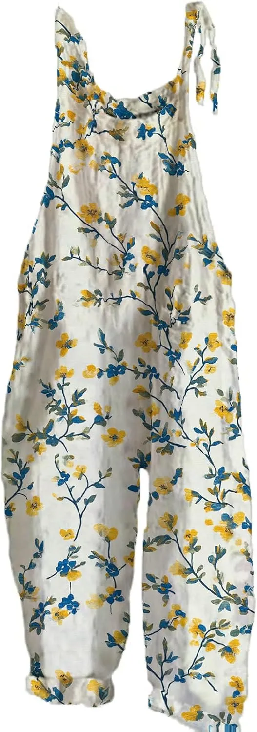 Boho Jumpsuits For Women Cotton Linen Rompers Floral Printed Wide Leg Overall Halter Baggy Comfy Beach Jumpsuit