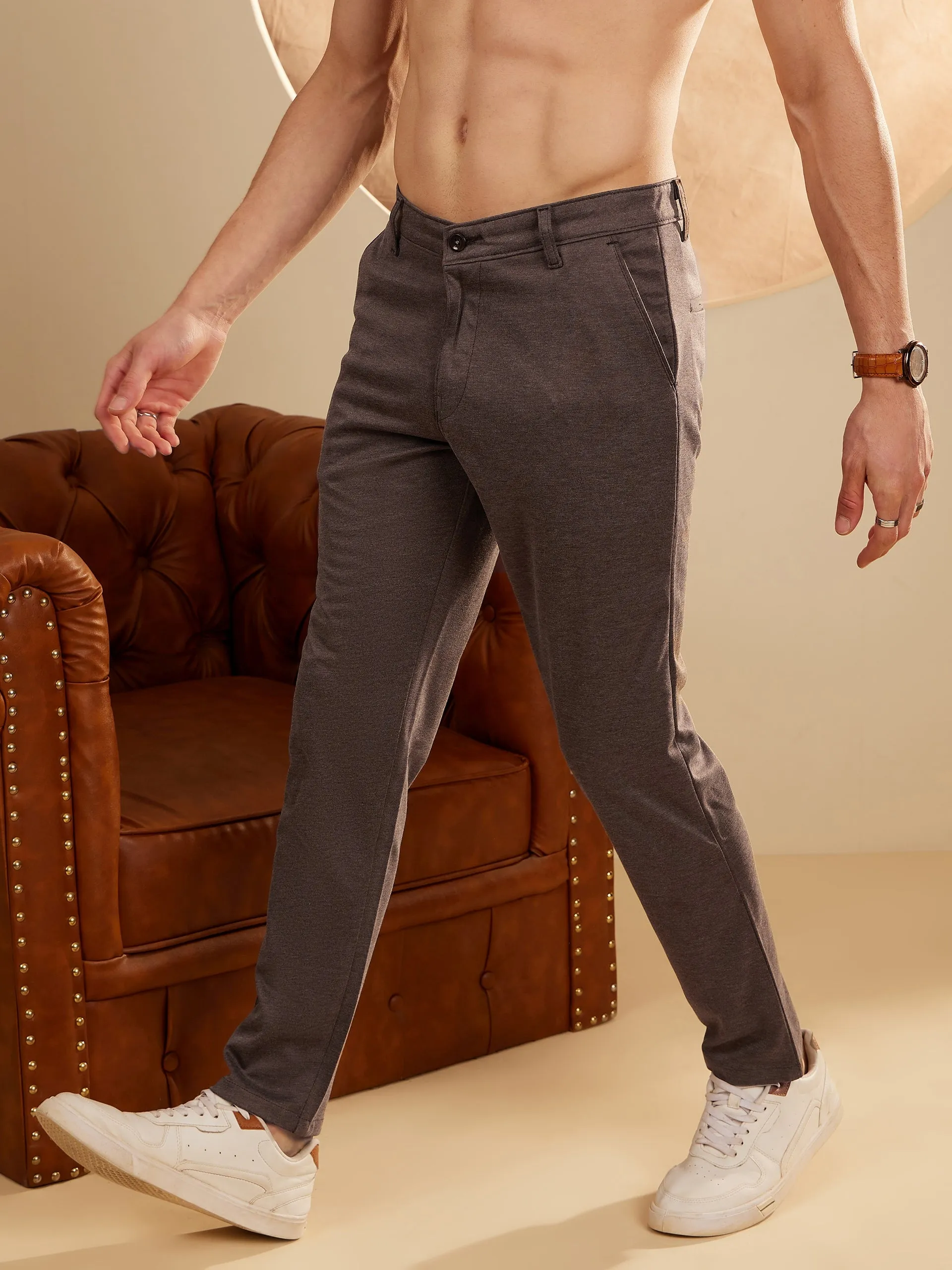 Brown: Textured Stretchable Chinos