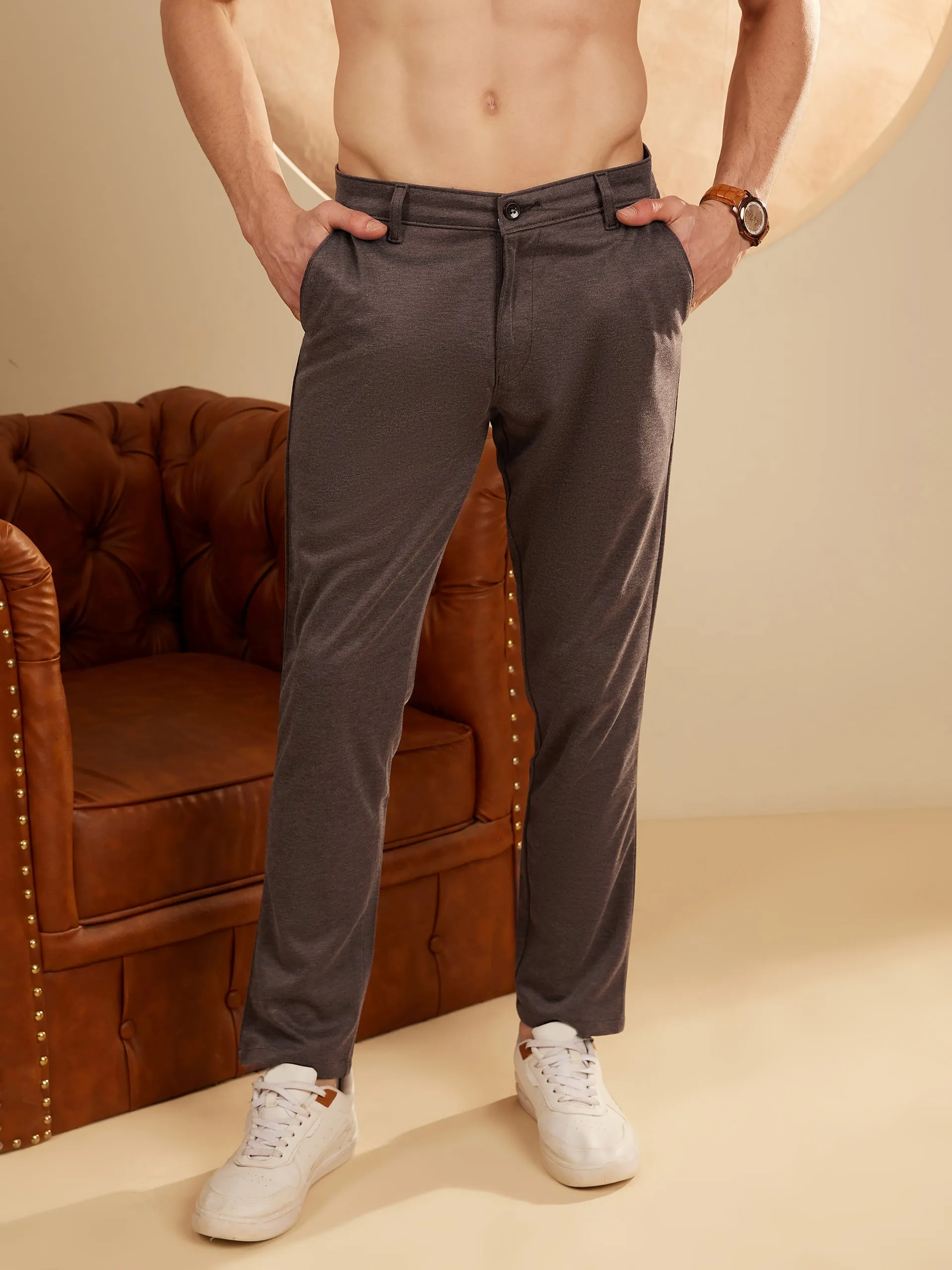 Brown: Textured Stretchable Chinos