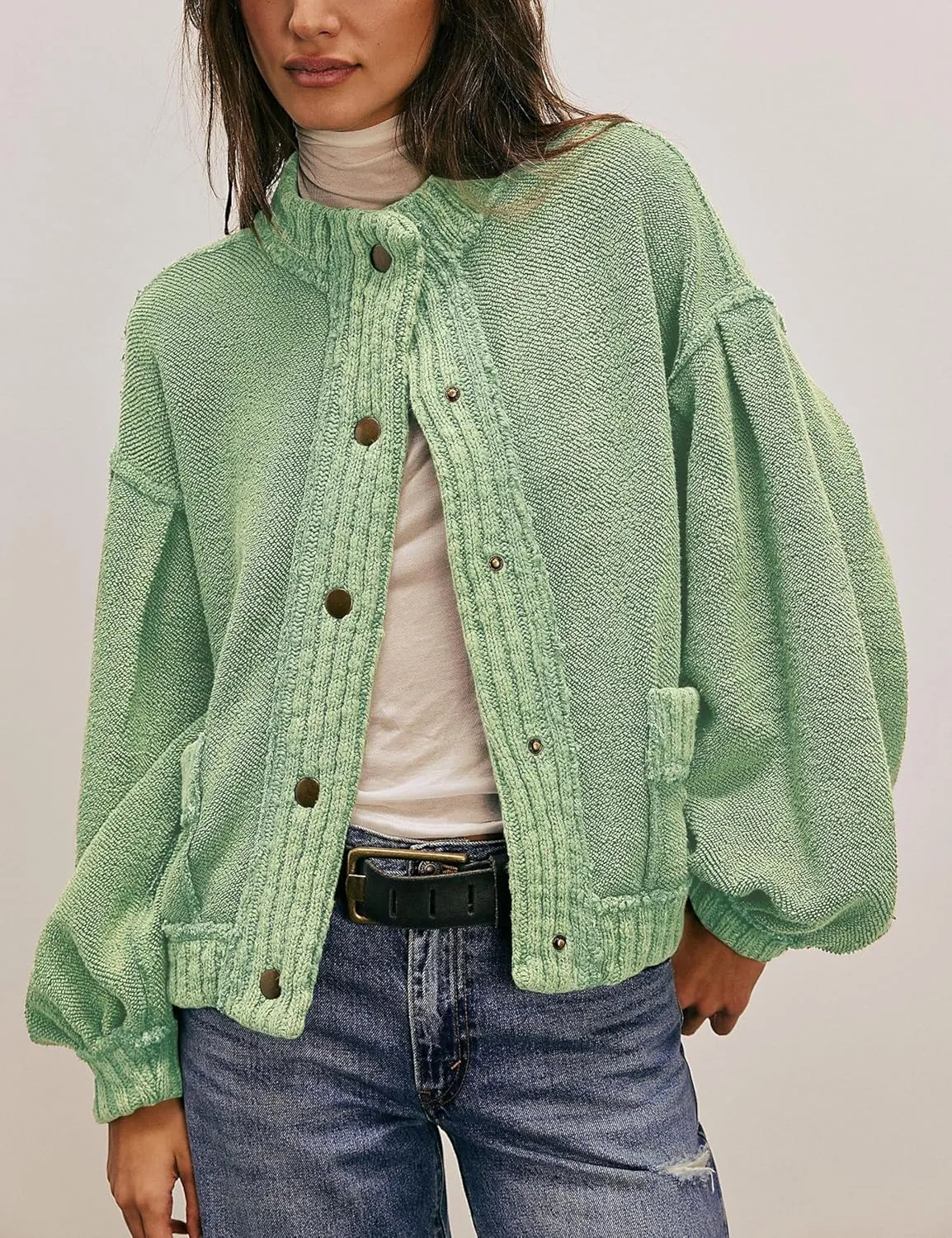 Cardigan Jacket for Women Loose Fit Ribbed Knit Trim Casual Jacket Shacket with Pockets