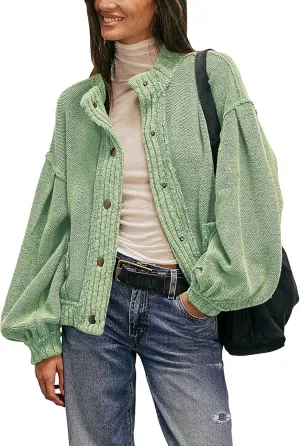 Cardigan Jacket for Women Loose Fit Ribbed Knit Trim Casual Jacket Shacket with Pockets