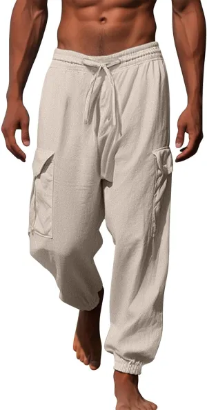 Casual Baggy Linen Harem Pants for Men Solid Elastic Waist Drawstring Joggers Flap Pockets Yoga Hippie Beach Lounge Trousers