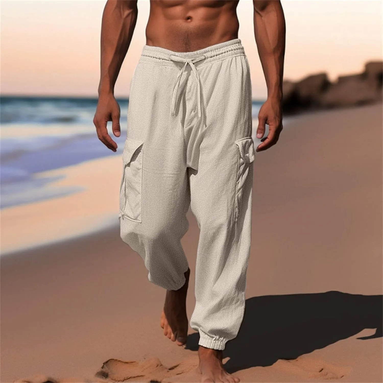 Casual Baggy Linen Harem Pants for Men Solid Elastic Waist Drawstring Joggers Flap Pockets Yoga Hippie Beach Lounge Trousers