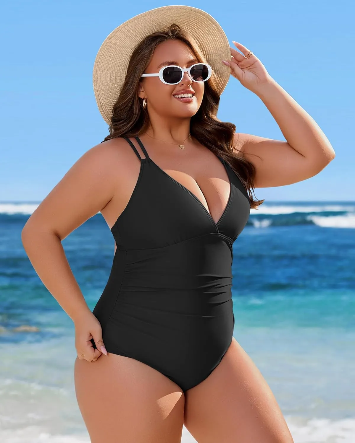 Charmo Tummy Control One Piece Swimsuits for Women Ruched Bathing Suits Strappy V Neck Monokini