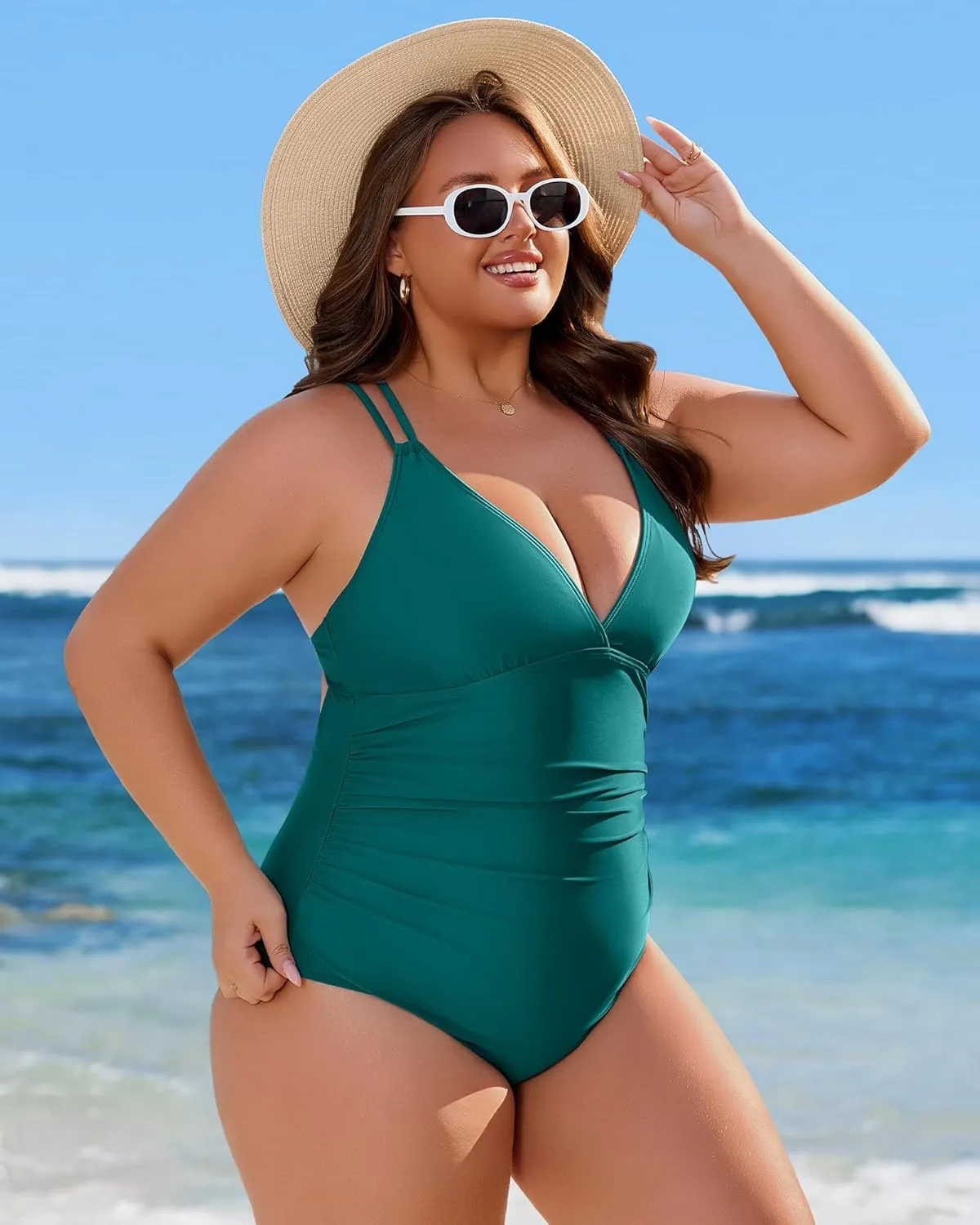 Charmo Tummy Control One Piece Swimsuits for Women Ruched Bathing Suits Strappy V Neck Monokini