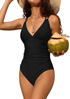 Charmo Tummy Control One Piece Swimsuits for Women Ruched Bathing Suits Strappy V Neck Monokini
