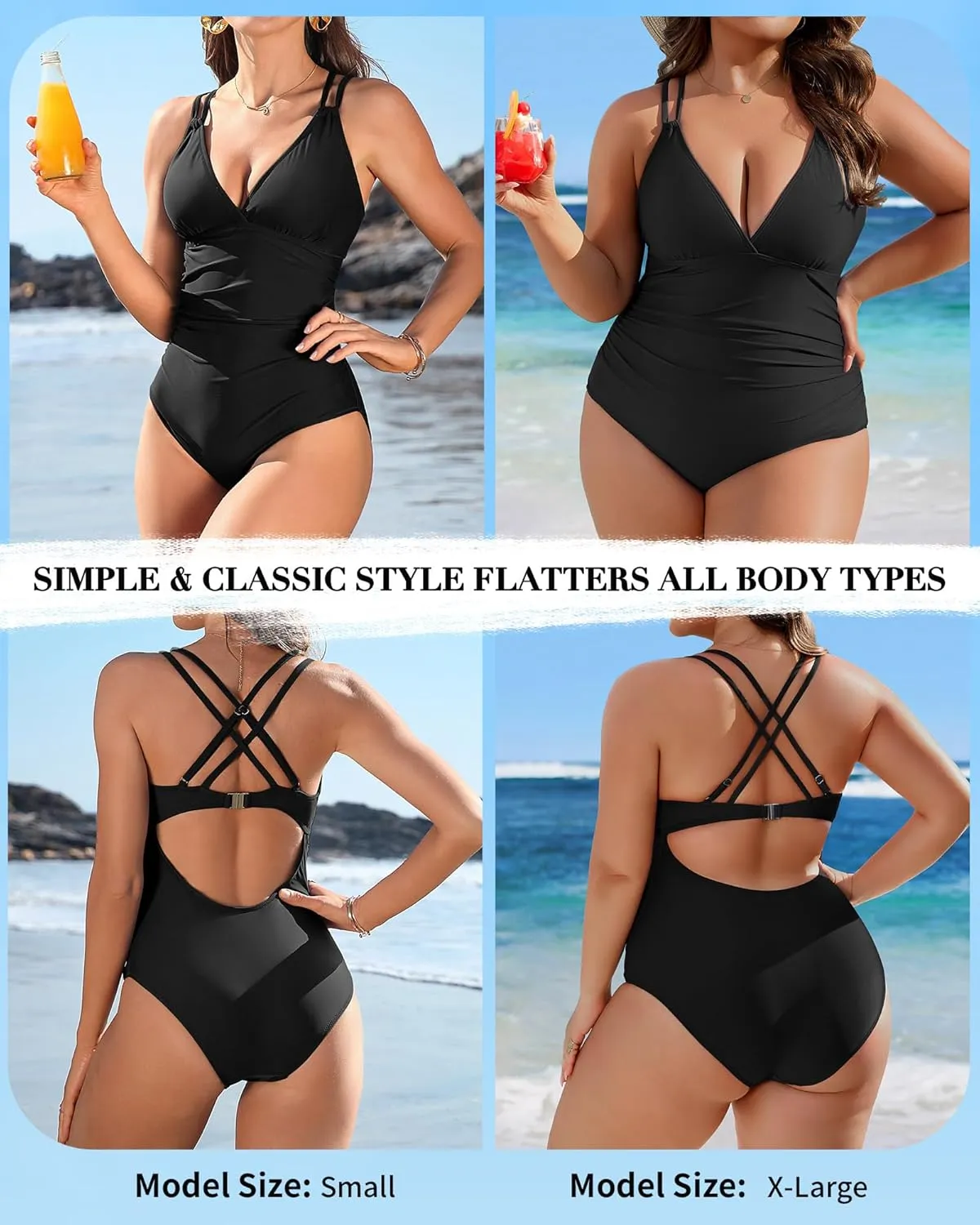 Charmo Tummy Control One Piece Swimsuits for Women Ruched Bathing Suits Strappy V Neck Monokini