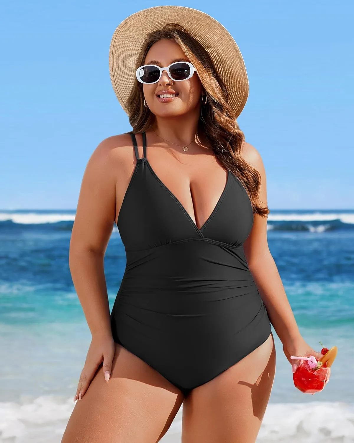 Charmo Tummy Control One Piece Swimsuits for Women Ruched Bathing Suits Strappy V Neck Monokini