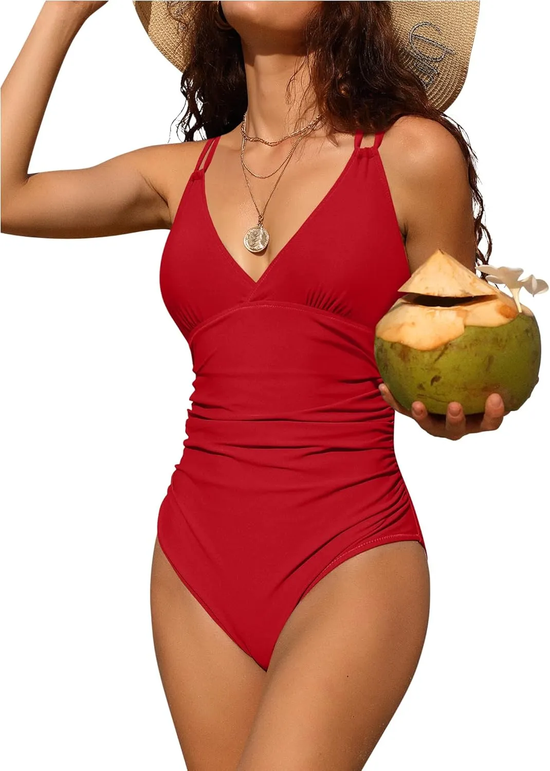 Charmo Tummy Control One Piece Swimsuits for Women Ruched Bathing Suits Strappy V Neck Monokini