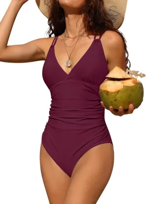 Charmo Tummy Control One Piece Swimsuits for Women Ruched Bathing Suits Strappy V Neck Monokini
