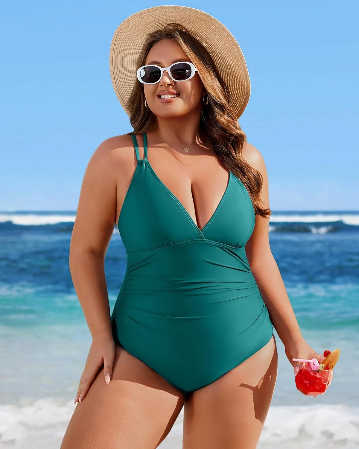 Charmo Tummy Control One Piece Swimsuits for Women Ruched Bathing Suits Strappy V Neck Monokini