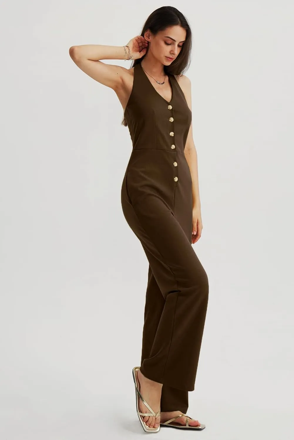 CHERFLY Jumpsuits for Women 2025 Summer Loose Overalls Sleeveless V-Neck Halter Wide Leg Pants with Pockets One Piece Outfits