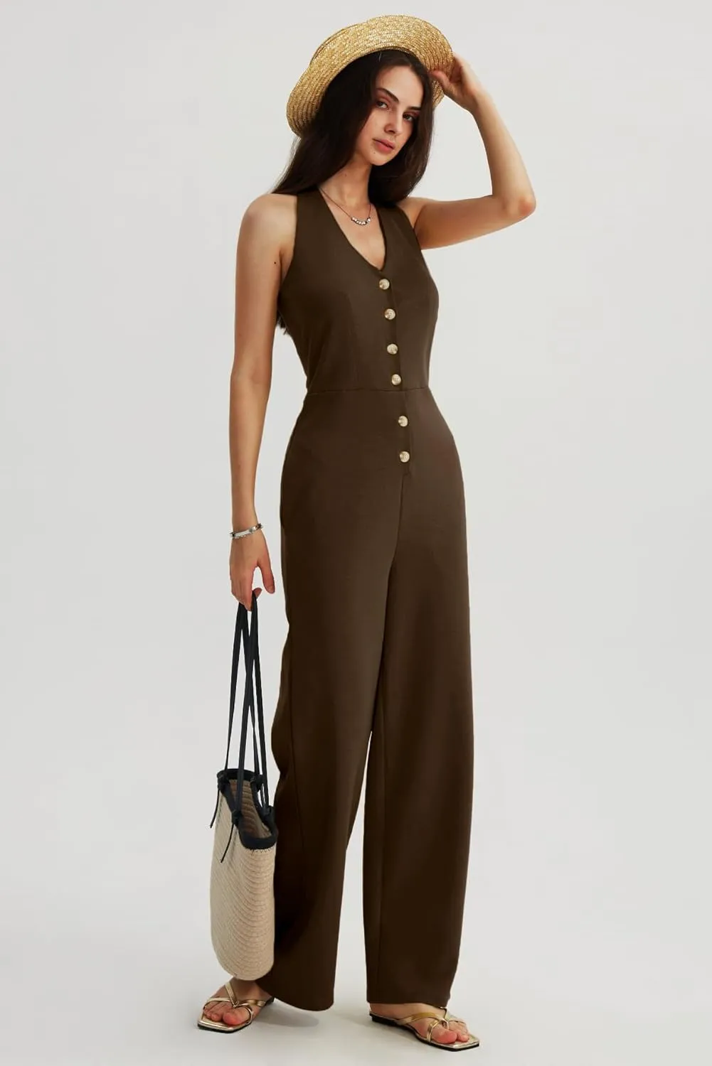 CHERFLY Jumpsuits for Women 2025 Summer Loose Overalls Sleeveless V-Neck Halter Wide Leg Pants with Pockets One Piece Outfits