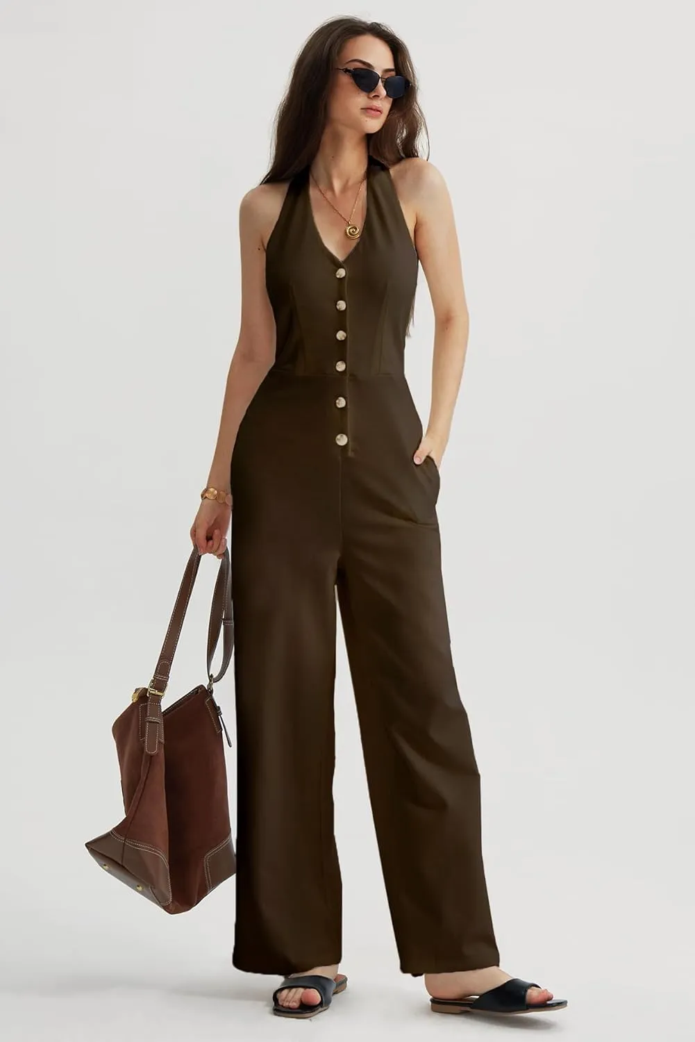 CHERFLY Jumpsuits for Women 2025 Summer Loose Overalls Sleeveless V-Neck Halter Wide Leg Pants with Pockets One Piece Outfits
