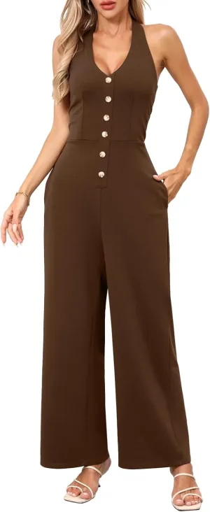 CHERFLY Jumpsuits for Women 2025 Summer Loose Overalls Sleeveless V-Neck Halter Wide Leg Pants with Pockets One Piece Outfits