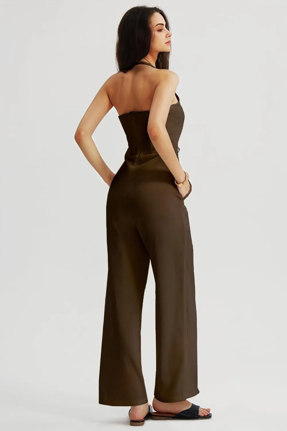 CHERFLY Jumpsuits for Women 2025 Summer Loose Overalls Sleeveless V-Neck Halter Wide Leg Pants with Pockets One Piece Outfits