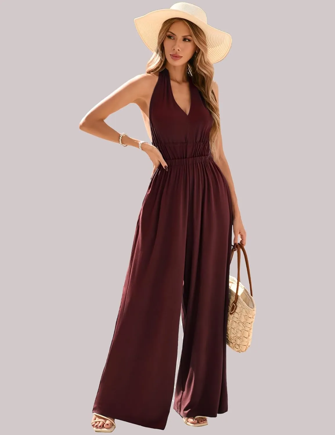 CHERFLY Jumpsuits for Women 2025 Summer Sleeveless Overalls Backless Halter Outfits