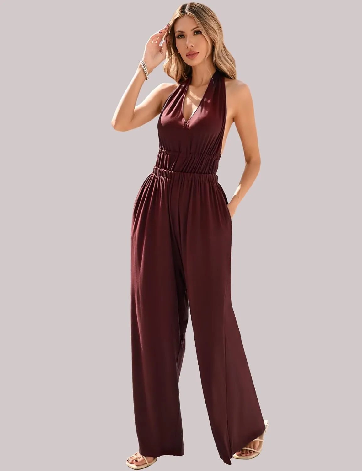 CHERFLY Jumpsuits for Women 2025 Summer Sleeveless Overalls Backless Halter Outfits