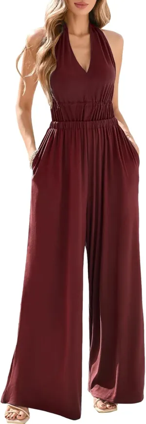 CHERFLY Jumpsuits for Women 2025 Summer Sleeveless Overalls Backless Halter Outfits