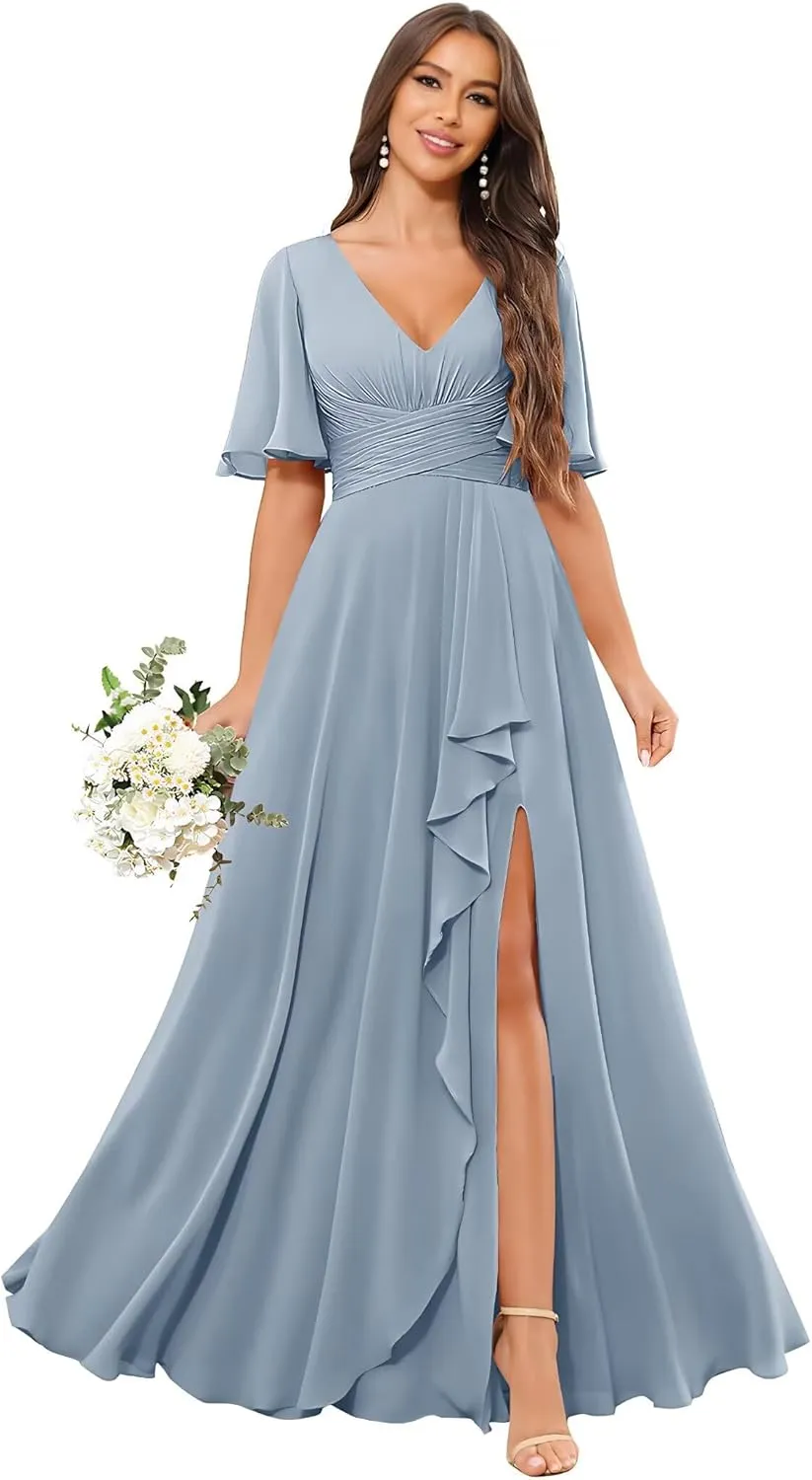 Chiffon A Line Bridesmaid Dresses for Woman V Neck Floor Length Formal Evening Gown Dress with Sleeves