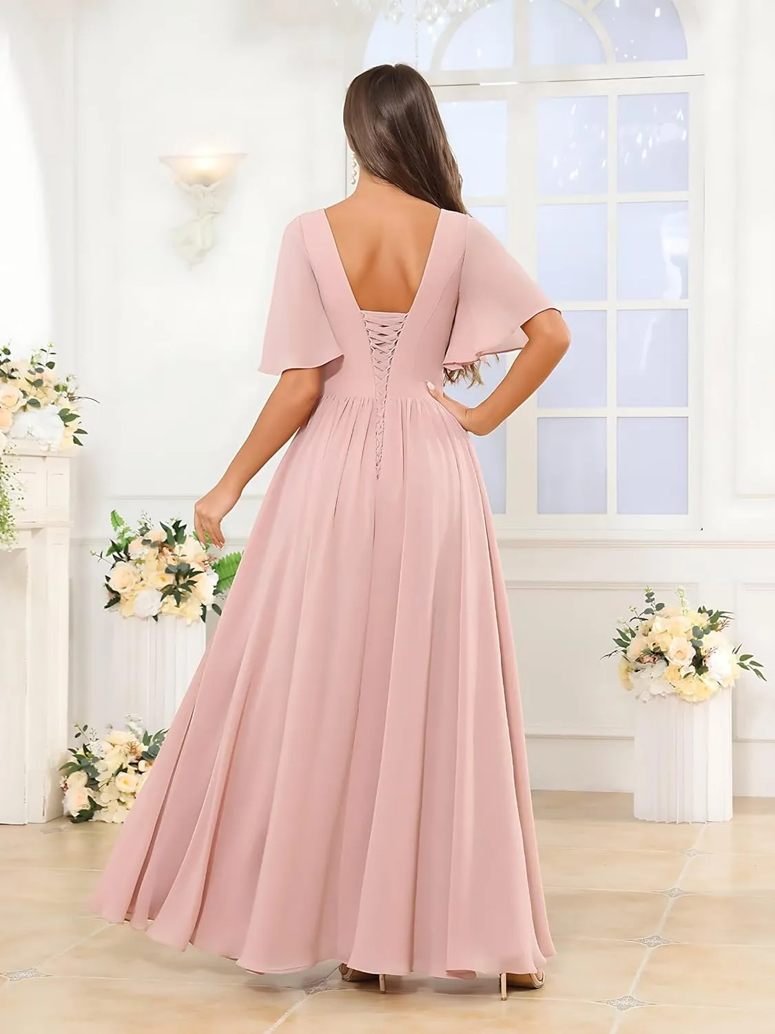 Chiffon A Line Bridesmaid Dresses for Woman V Neck Floor Length Formal Evening Gown Dress with Sleeves