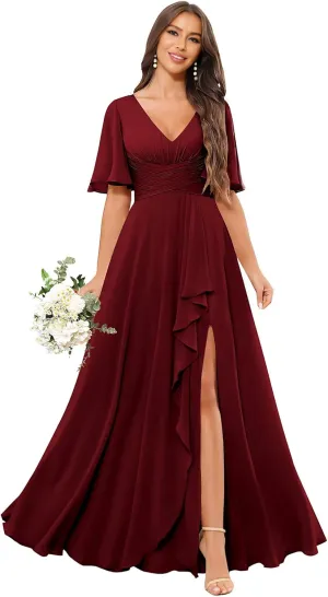 Chiffon A Line Bridesmaid Dresses for Woman V Neck Floor Length Formal Evening Gown Dress with Sleeves