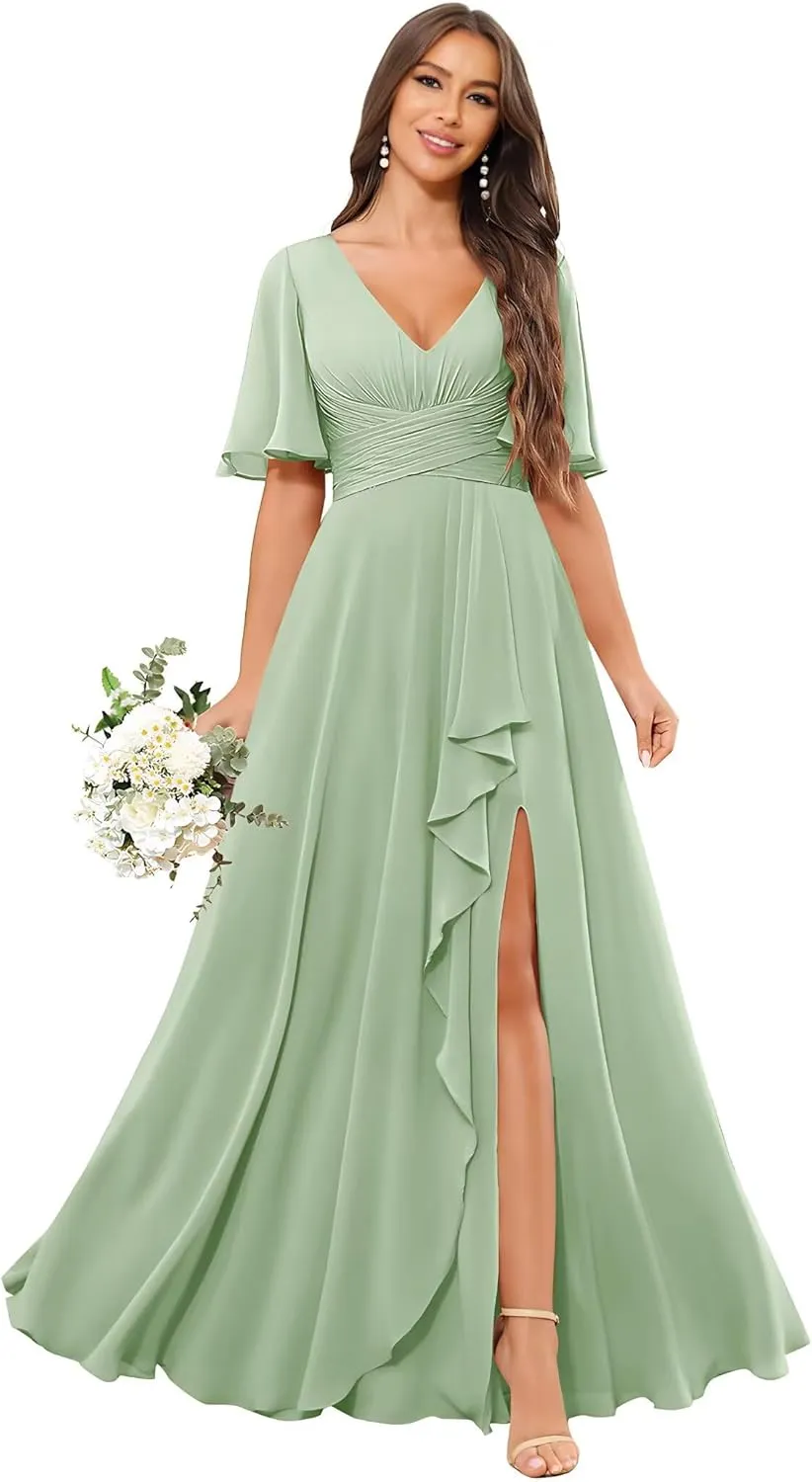 Chiffon A Line Bridesmaid Dresses for Woman V Neck Floor Length Formal Evening Gown Dress with Sleeves