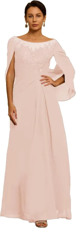 Chiffon Cape Mother of The Bride Dresses for Wedding Laces Appliques Scoop Formal Dresses Evening Gowns