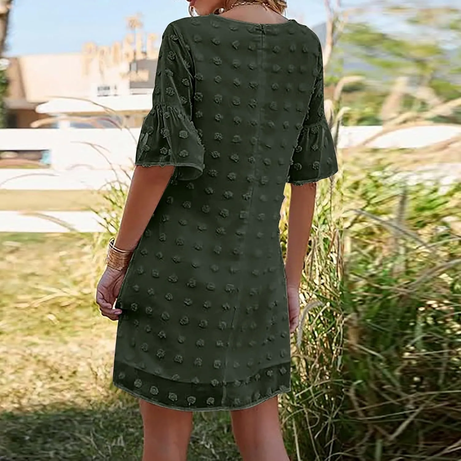 Chiffon Dresses for Women 2024 Summer Smocked Dress Short Flutter Sleeve V Neck Swiss Dot Ruffle Tiered Mini Dress