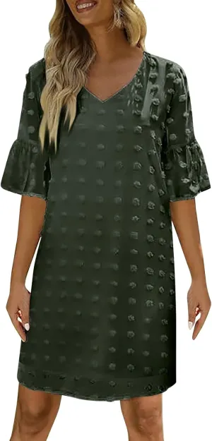 Chiffon Dresses for Women 2024 Summer Smocked Dress Short Flutter Sleeve V Neck Swiss Dot Ruffle Tiered Mini Dress