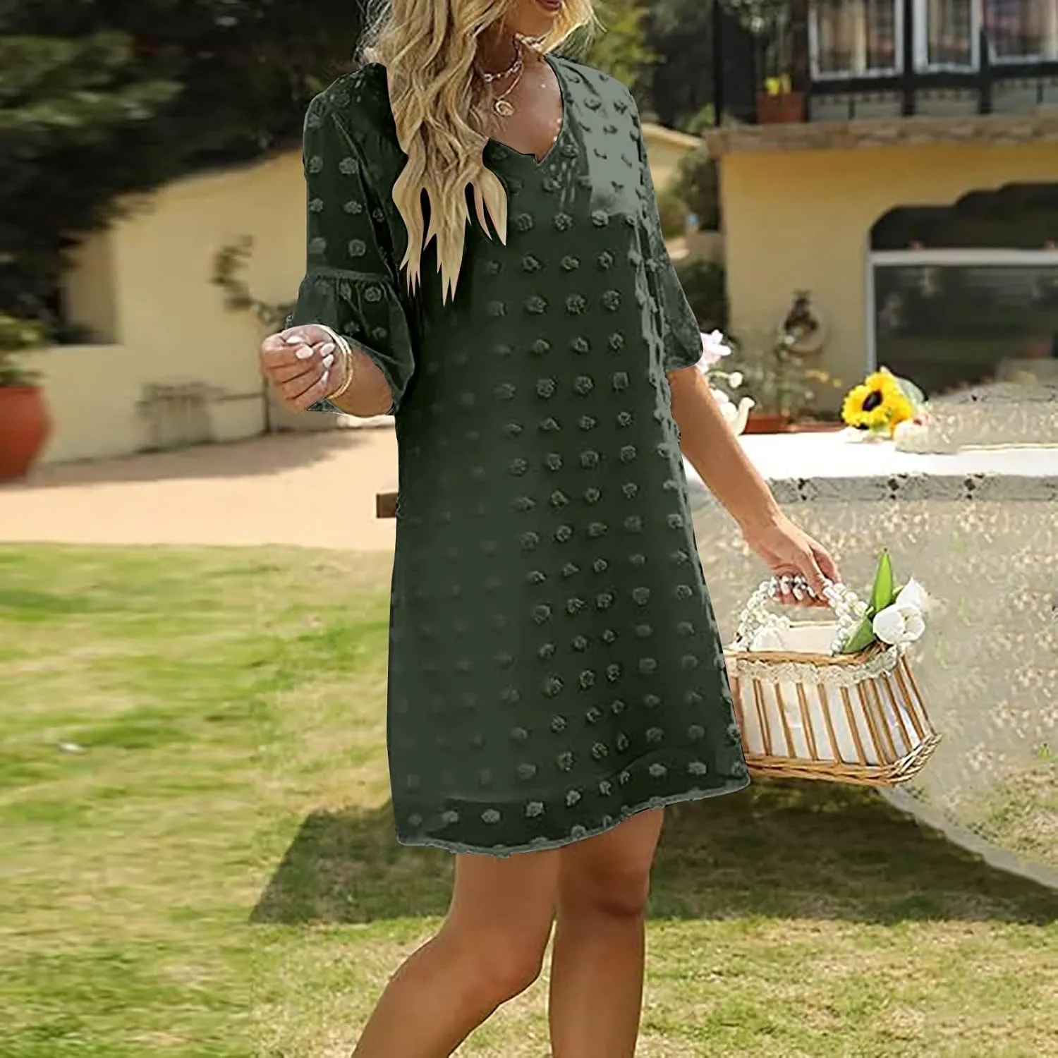 Chiffon Dresses for Women 2024 Summer Smocked Dress Short Flutter Sleeve V Neck Swiss Dot Ruffle Tiered Mini Dress