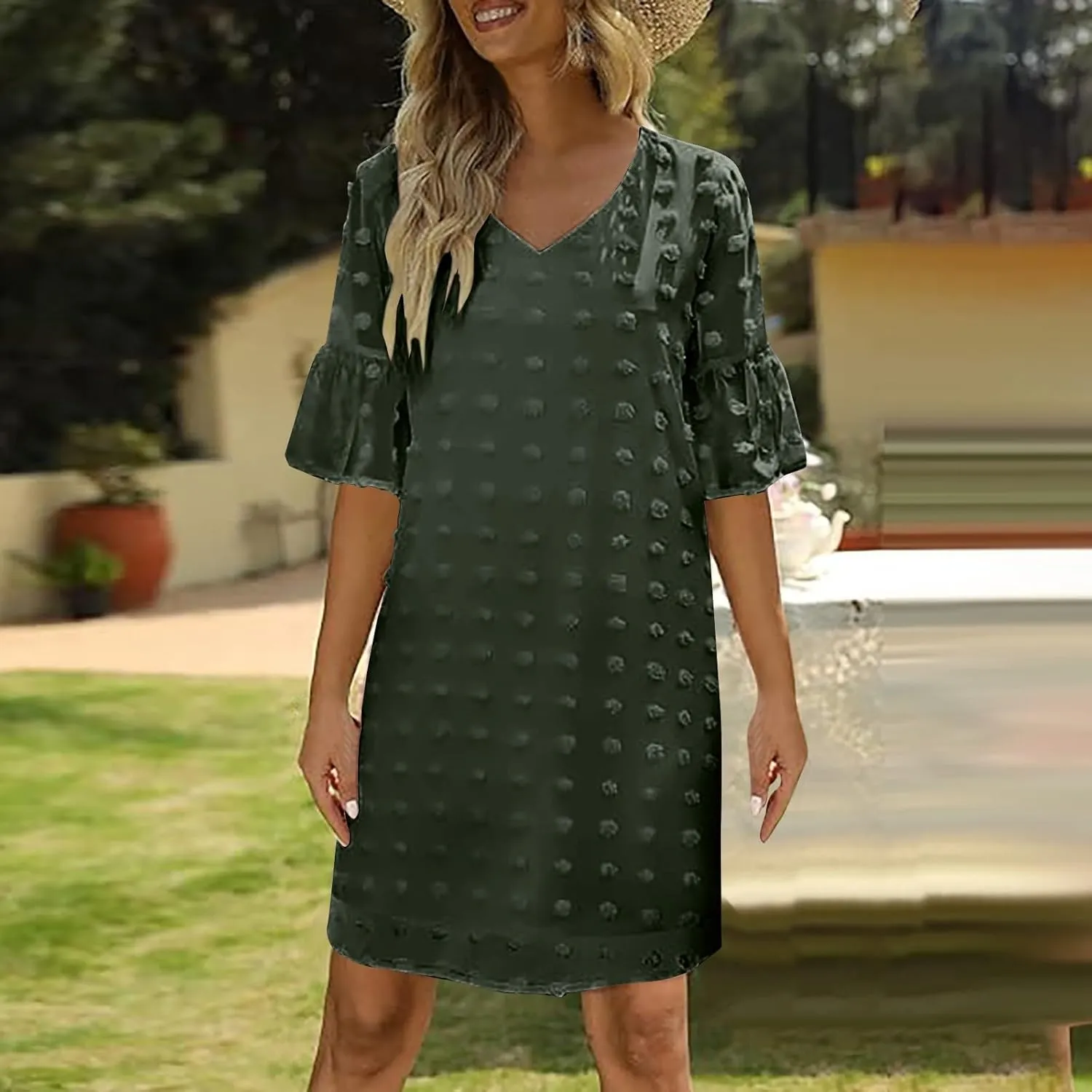 Chiffon Dresses for Women 2024 Summer Smocked Dress Short Flutter Sleeve V Neck Swiss Dot Ruffle Tiered Mini Dress