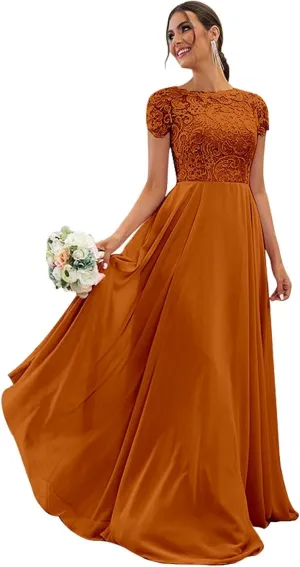 Chiffon Lace Bridesmaid Dresses for Women Long Ruffle Elegant Formal Evening Gown with Pockets